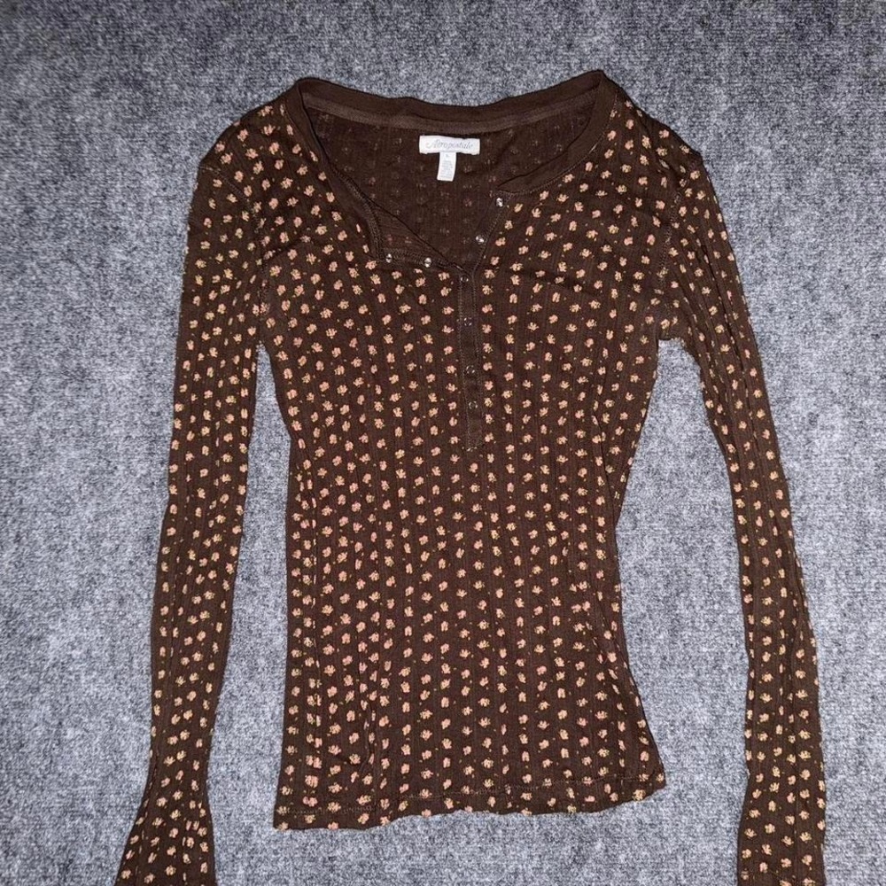Y2K Aeropostale brown floral ribbed henley top long sleeve size L